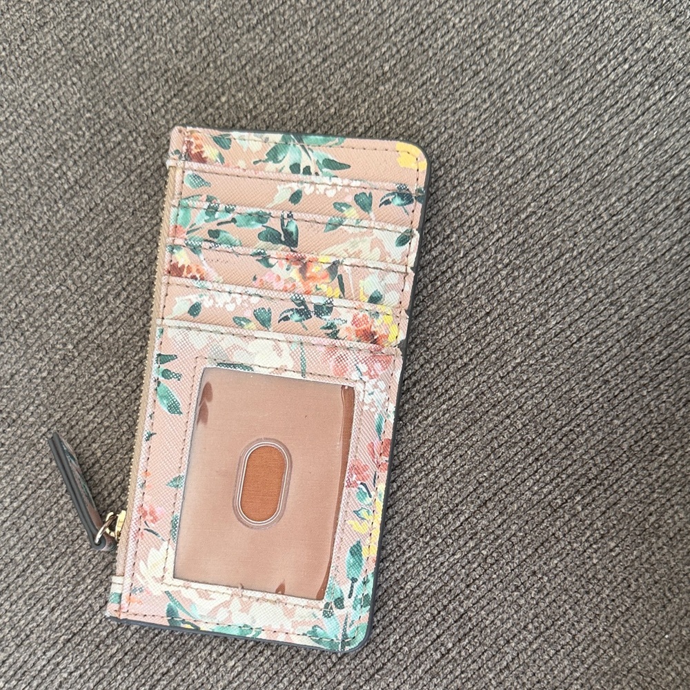 Source Unknown Peach Floral Card Wallet with Green Accents